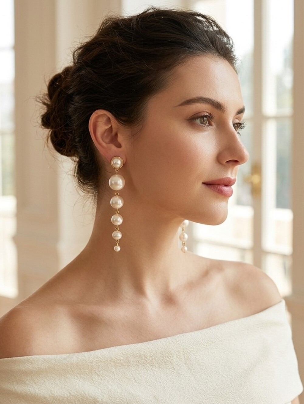 Stylish Faux Pearl Gold Plated‎ Tassel Earrings Elegant White Long Drop Earrings